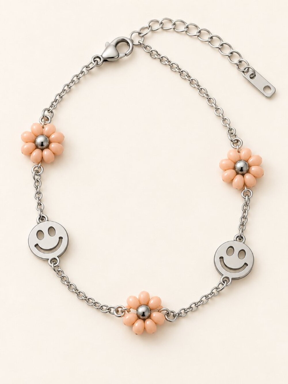 Fannie Peach Flower Smiley Face Beaded Bracelet